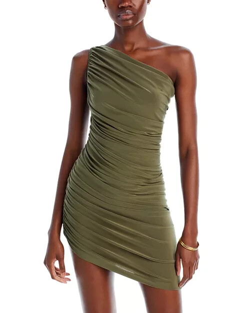 Norma Kamali Diana Asymmetric Mini Dress Women's S/36 Military Ruched Pullover