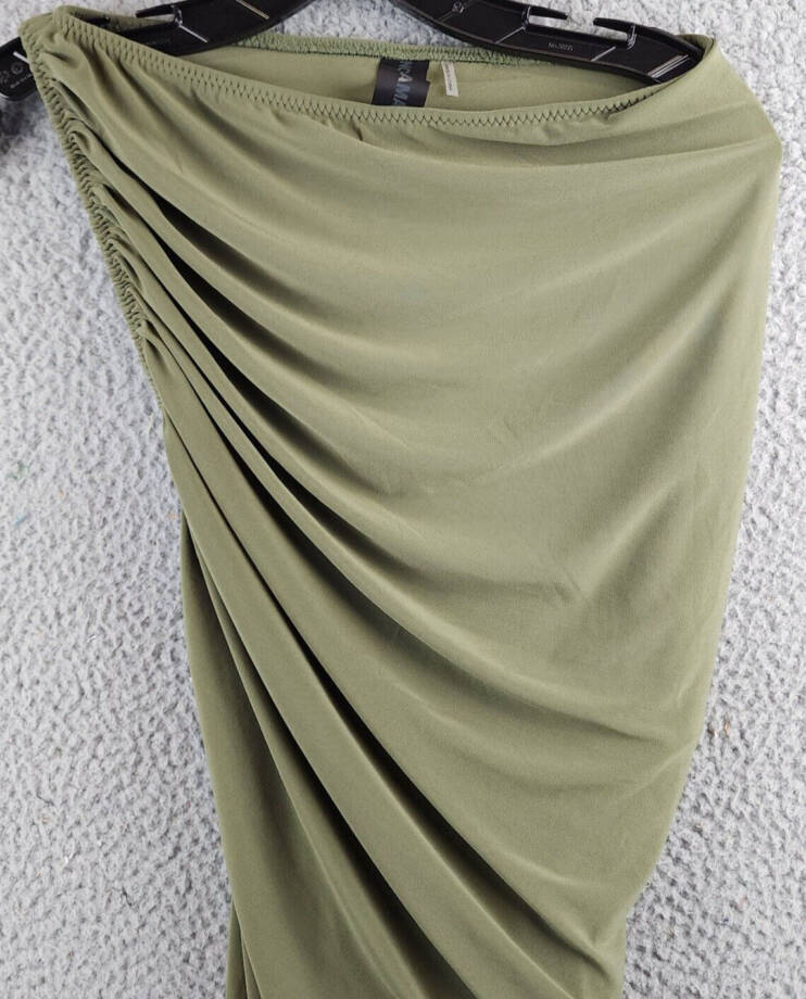 Norma Kamali Diana Asymmetric Mini Dress Women's S/36 Military Ruched Pullover