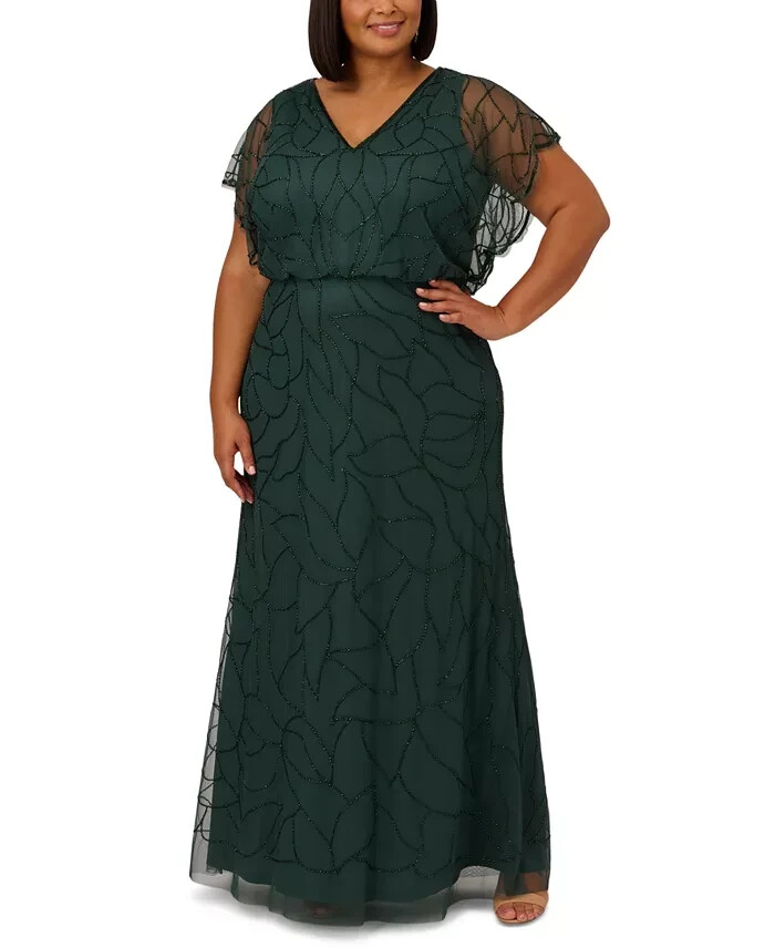 Adrianna Papell Plus Size Beaded Blouson Dolman-Sleeve Gown Women's 18W Emerald