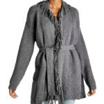 Splendid Cora Ribbed Fringe Trim Cardigan Women's M Gray Heather Belted Tie L/S