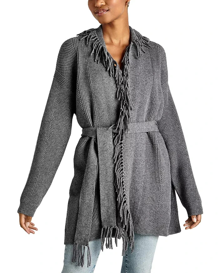 Splendid Cora Ribbed Fringe Trim Cardigan Women's M Gray Heather Belted Tie L/S
