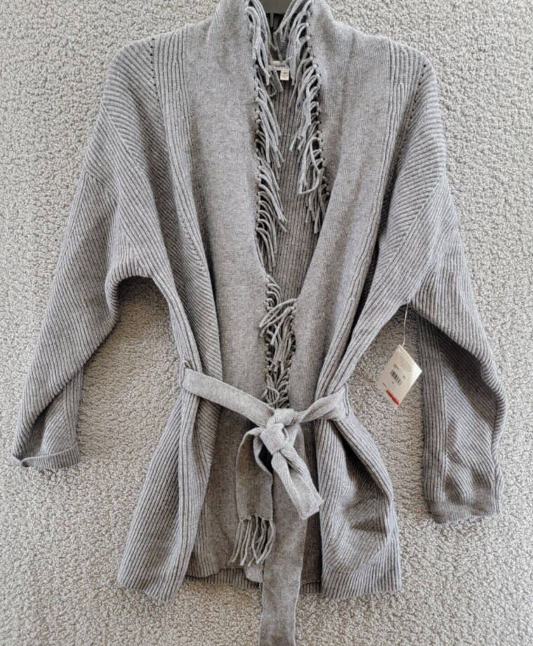 Splendid Cora Ribbed Fringe Trim Cardigan Women's M Gray Heather Belted Tie L/S