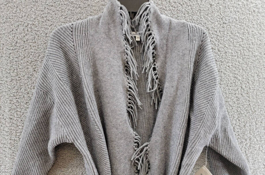 Splendid Cora Ribbed Fringe Trim Cardigan Women's M Gray Heather Belted Tie L/S