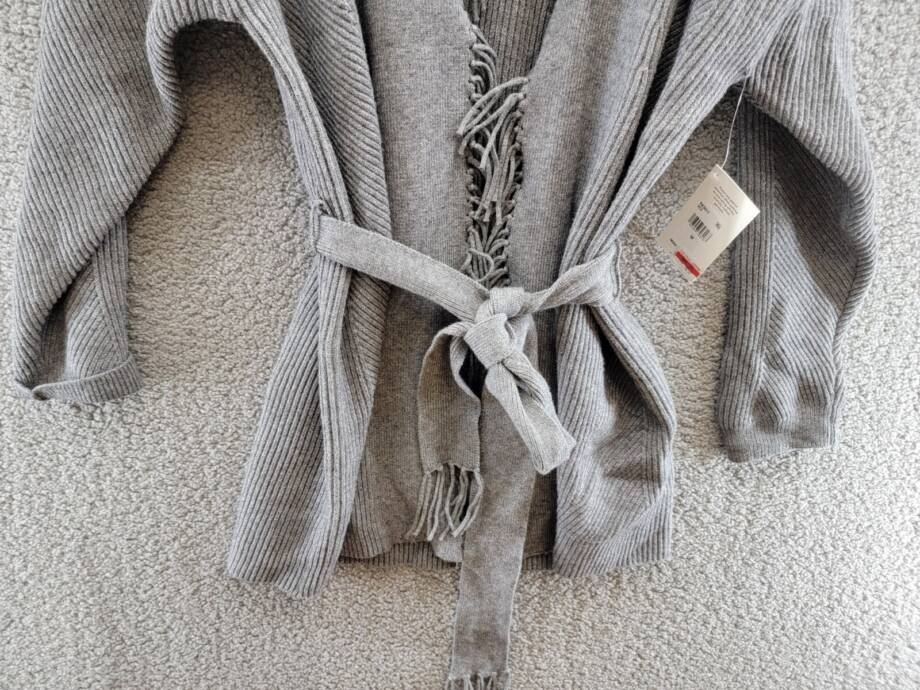 Splendid Cora Ribbed Fringe Trim Cardigan Women's M Gray Heather Belted Tie L/S