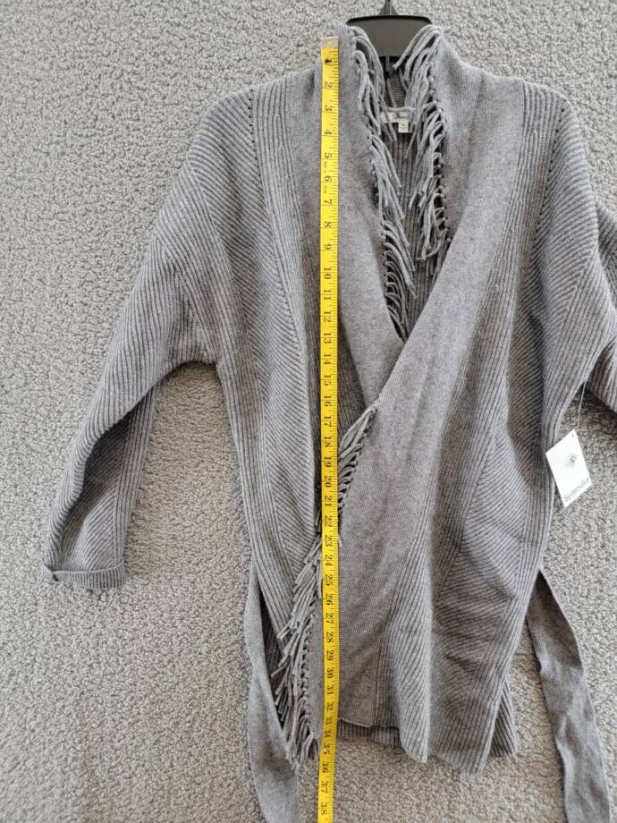 Splendid Cora Ribbed Fringe Trim Cardigan Women's M Gray Heather Belted Tie L/S