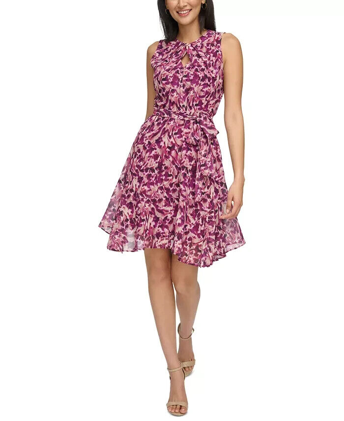 Jessica Howard Petite Printed Fit & Flare Dress Womens 6P Berry Back Zip Closure
