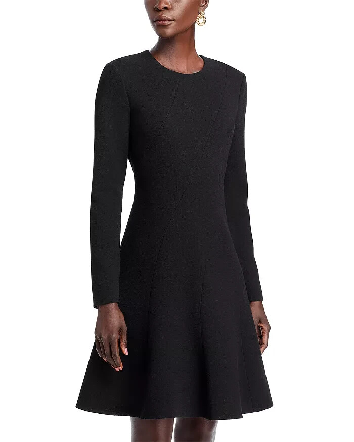 Lafayette 148 New York Seamed Wool Crepe Flounce Mini Dress Women's 16 Black L/S