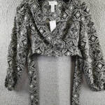 Japna Faux Wrap Printed Cropped Tie Front Top Women's S Black/White V-Neck L/S