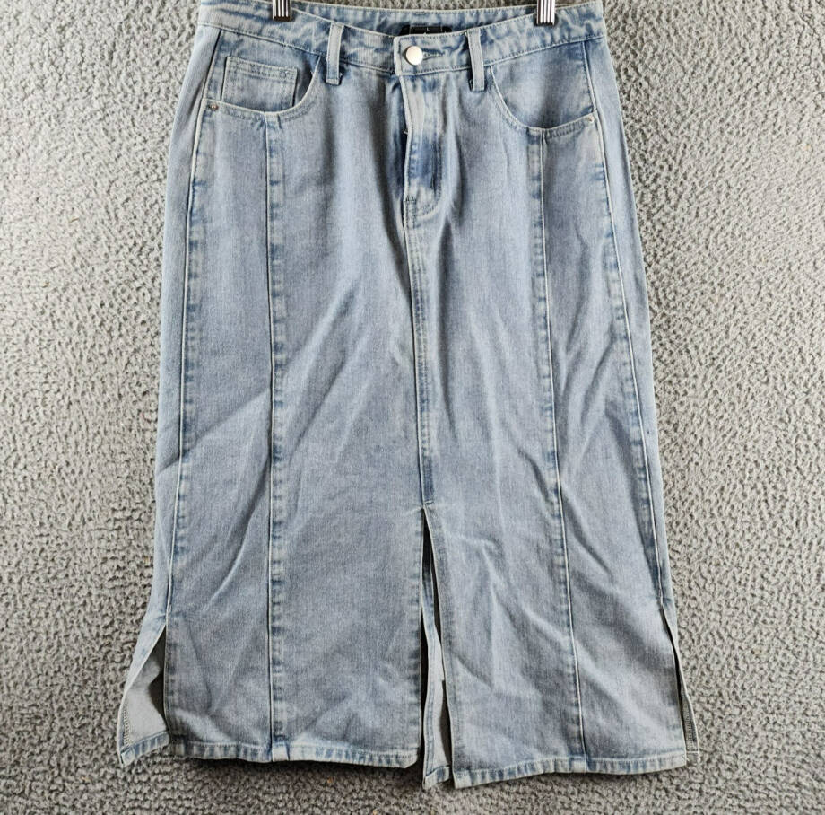 Gracia Straight Cut Midi Denim Skirt Women's L Blue Side Pockets Button Zip