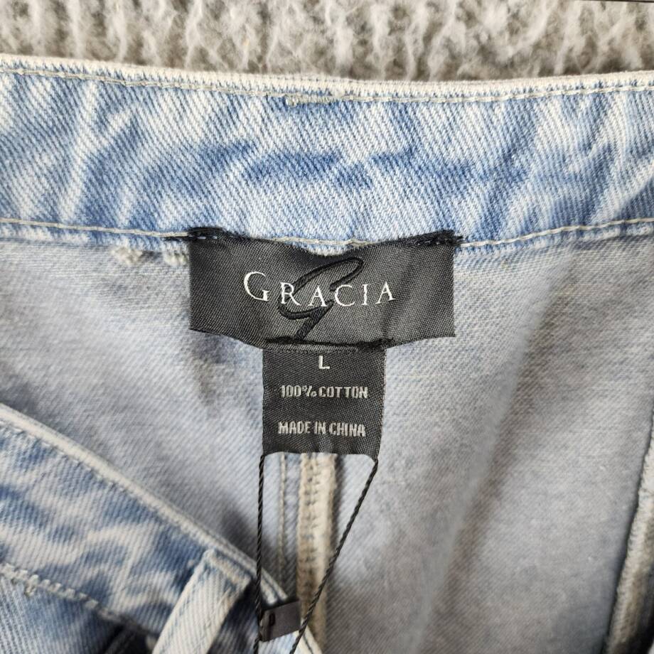 Gracia Straight Cut Midi Denim Skirt Women's L Blue Side Pockets Button Zip