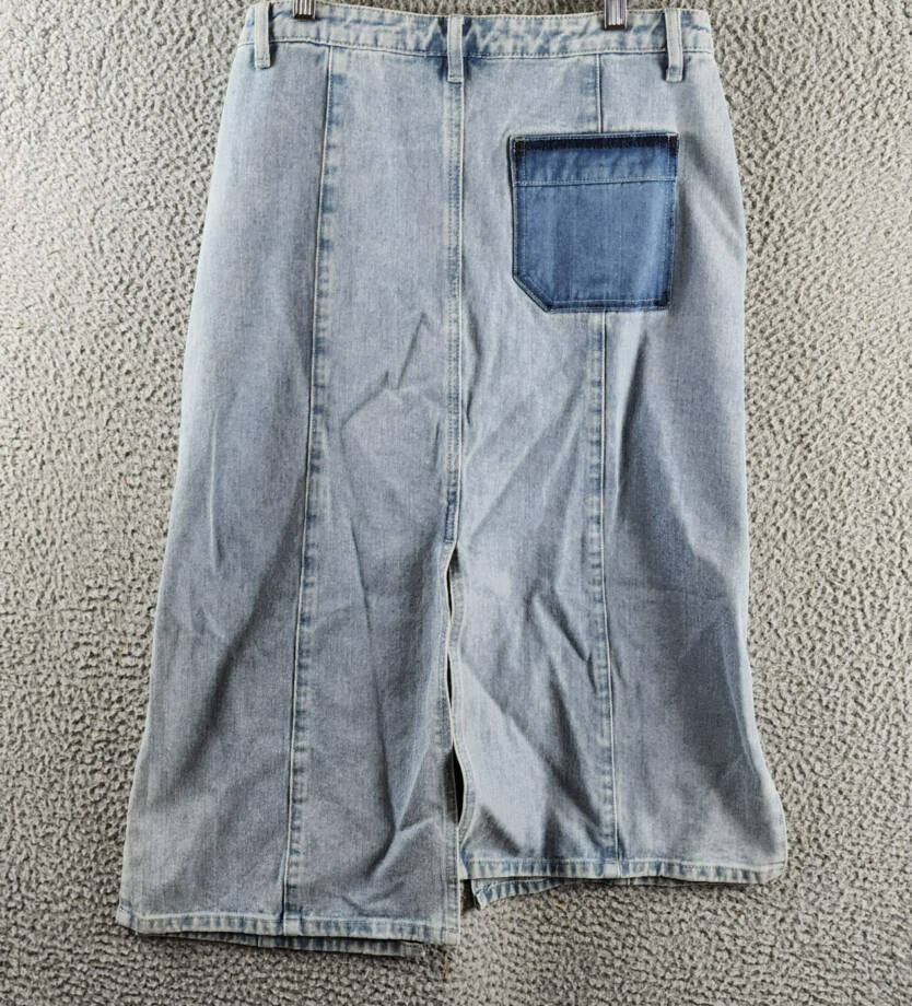 Gracia Straight Cut Midi Denim Skirt Women's L Blue Side Pockets Button Zip