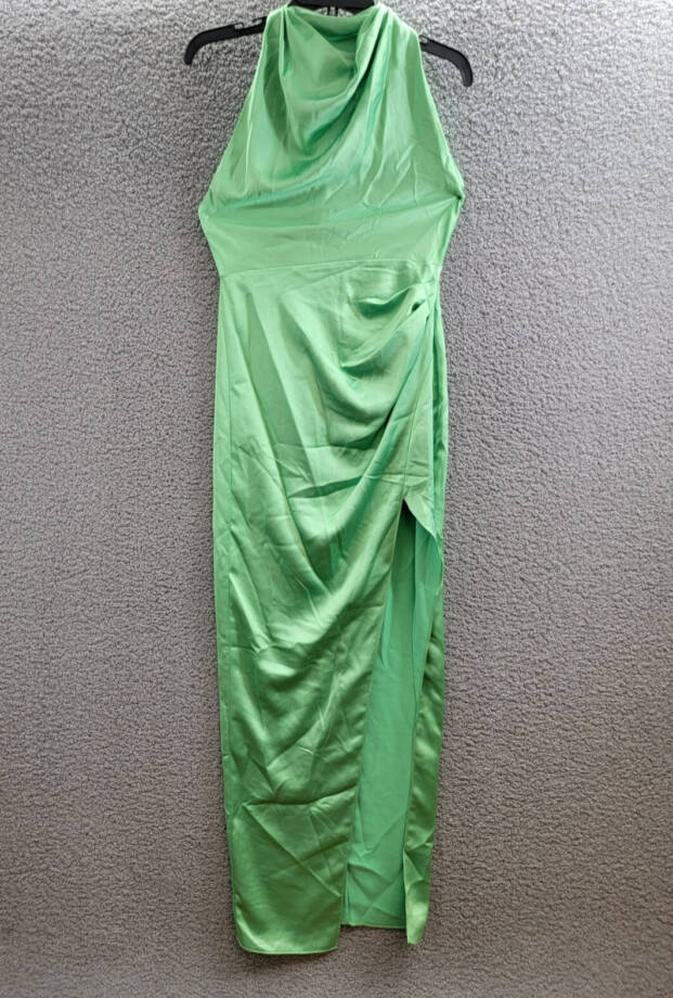 BCBGMAXAZRIA Back Twist Halter Cowl Neck Gown Women's 4 Green Back Zip Closure