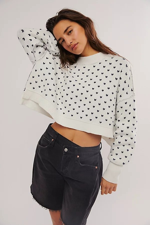 Free People Knit Pattern Easy Street Cropped Sweater Women's M White/Navy L/S