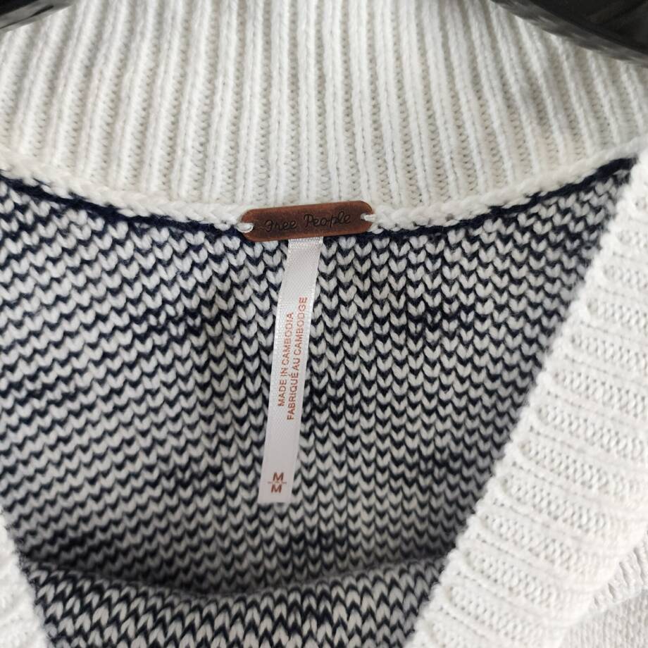 Free People Knit Pattern Easy Street Cropped Sweater Women's M White/Navy L/S