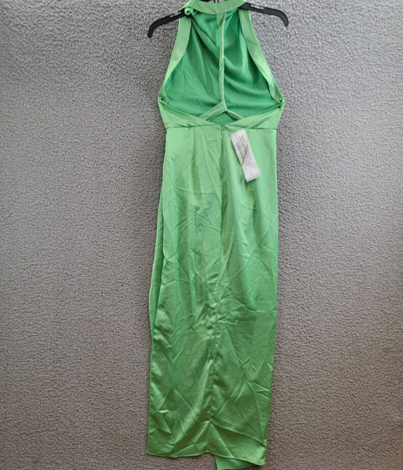 BCBGMAXAZRIA Back Twist Halter Cowl Neck Gown Women's 4 Green Back Zip Closure