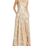 AQUA Foil Knit Metallic Halter Gown Women's 2 White/Pink/Gold Back Zip Closure