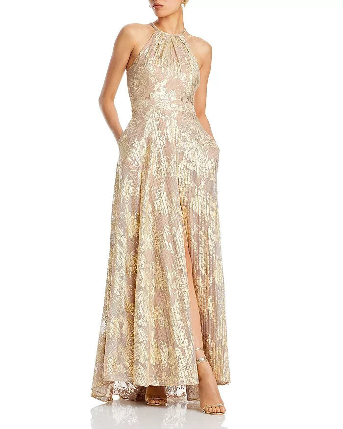 AQUA Foil Knit Metallic Halter Gown Women's 2 White/Pink/Gold Back Zip Closure