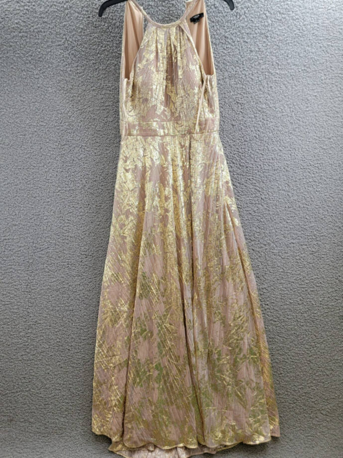 AQUA Foil Knit Metallic Halter Gown Women's 2 White/Pink/Gold Back Zip Closure