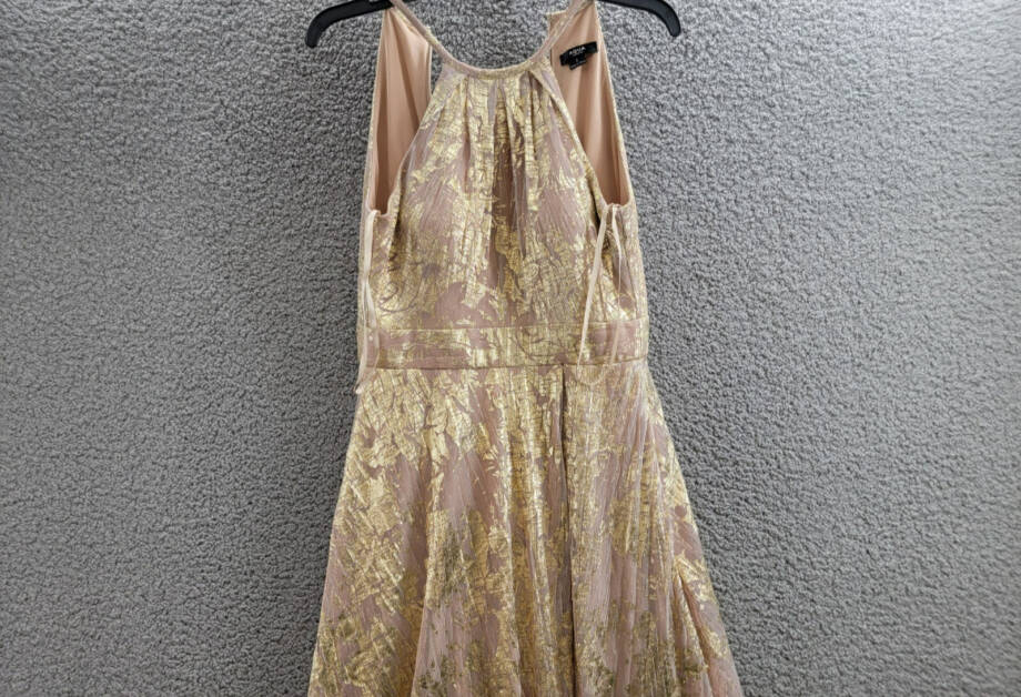 AQUA Foil Knit Metallic Halter Gown Women's 2 White/Pink/Gold Back Zip Closure
