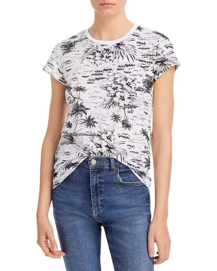 Goldie Palm Print Ringer Tee Women's XS White/Black Crew Neck Short Sleeve