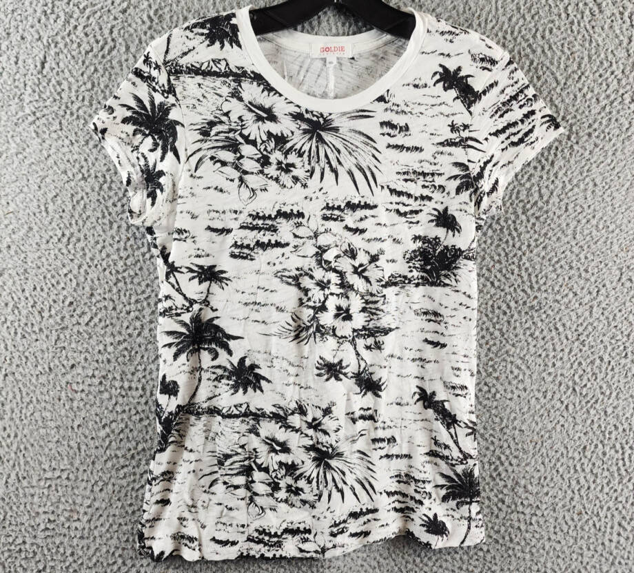 Goldie Palm Print Ringer Tee Women's XS White/Black Crew Neck Short Sleeve