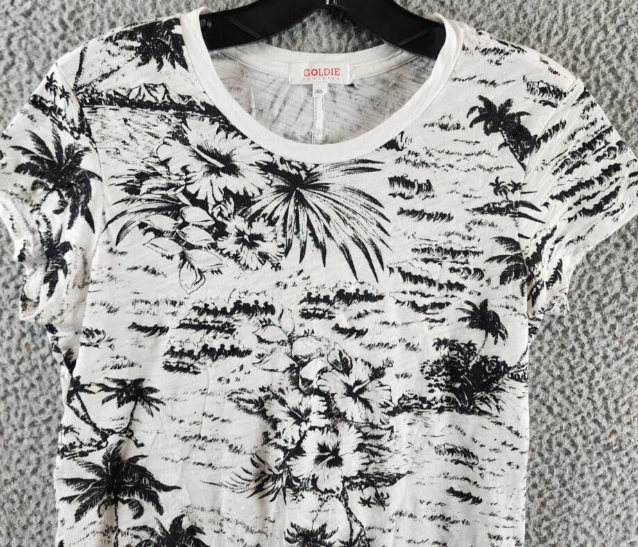 Goldie Palm Print Ringer Tee Women's XS White/Black Crew Neck Short Sleeve