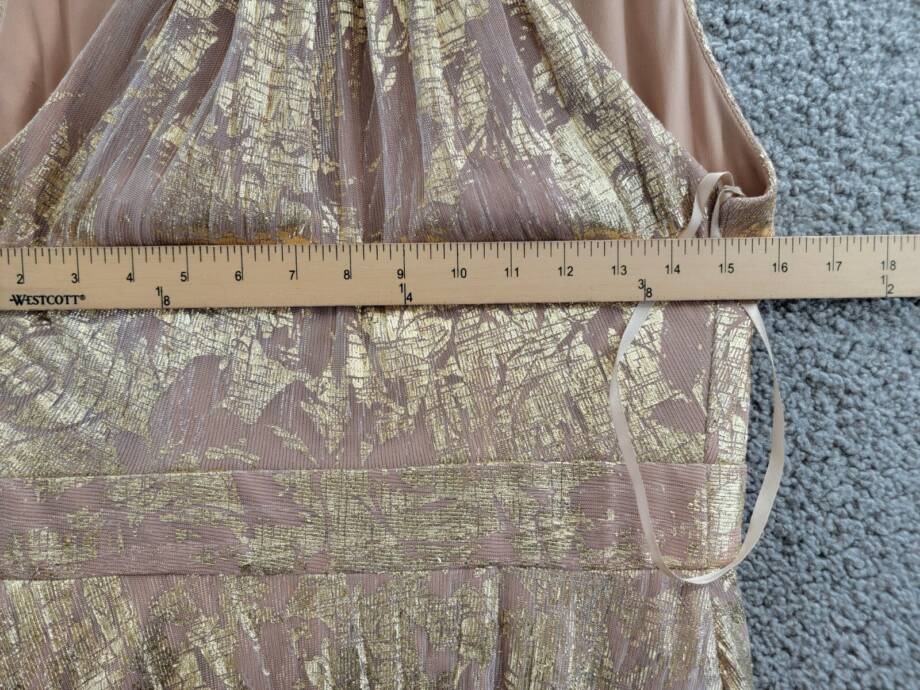 AQUA Foil Knit Metallic Halter Gown Women's 2 White/Pink/Gold Back Zip Closure