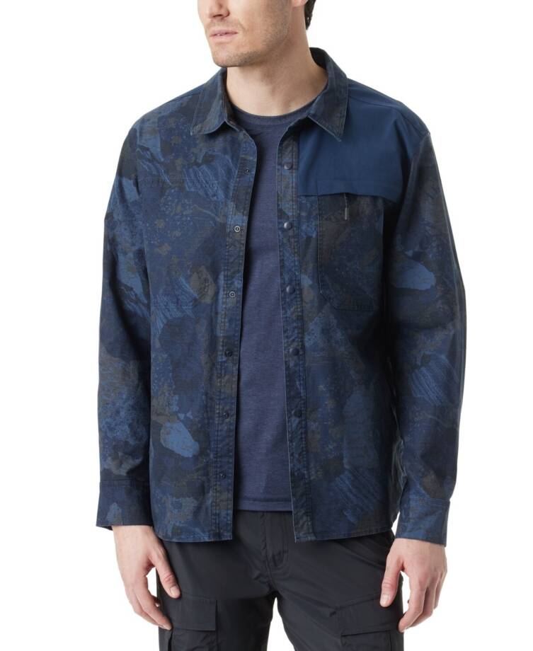 Bass Outdoor Ripstop Utility Shacket Men's L Navy Blazer Rock Camo Snap Closure