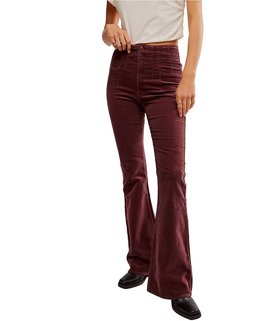 FREE PEOPLE Jayde Cord Flare Jeans Women's 26 Chocolate Truffle Button Closure~