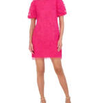 Eliza J Petite Puffed-Sleeve 3D-Floral Shift Dress Women's 4P Hot Pink Back Zip