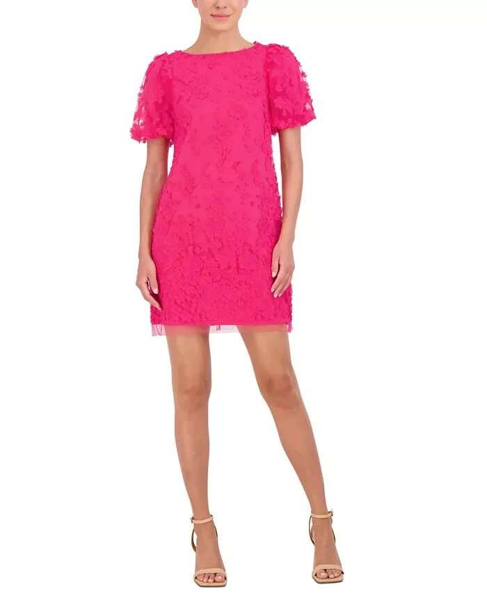 Eliza J Petite Puffed-Sleeve 3D-Floral Shift Dress Women's 4P Hot Pink Back Zip