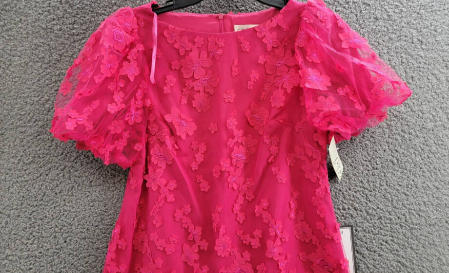 Eliza J Petite Puffed-Sleeve 3D-Floral Shift Dress Women's 4P Hot Pink Back Zip