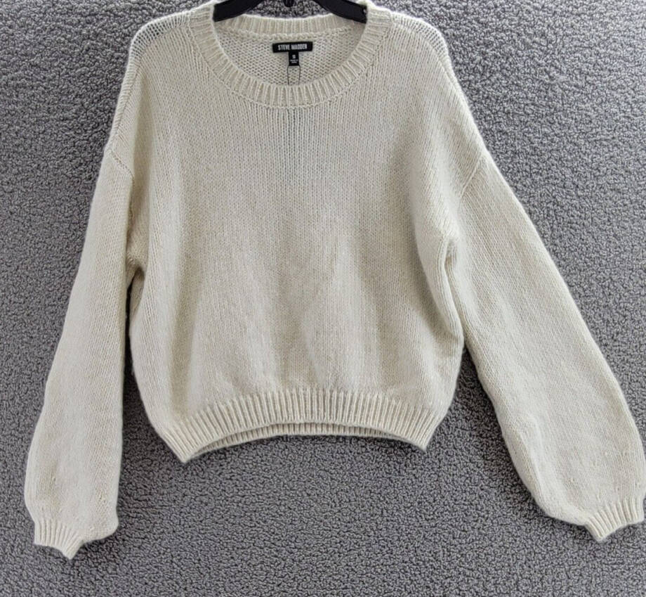 STEVE MADDEN Colette Balloon Sleeve Sweater Women's S Whisper White Pullover L/S