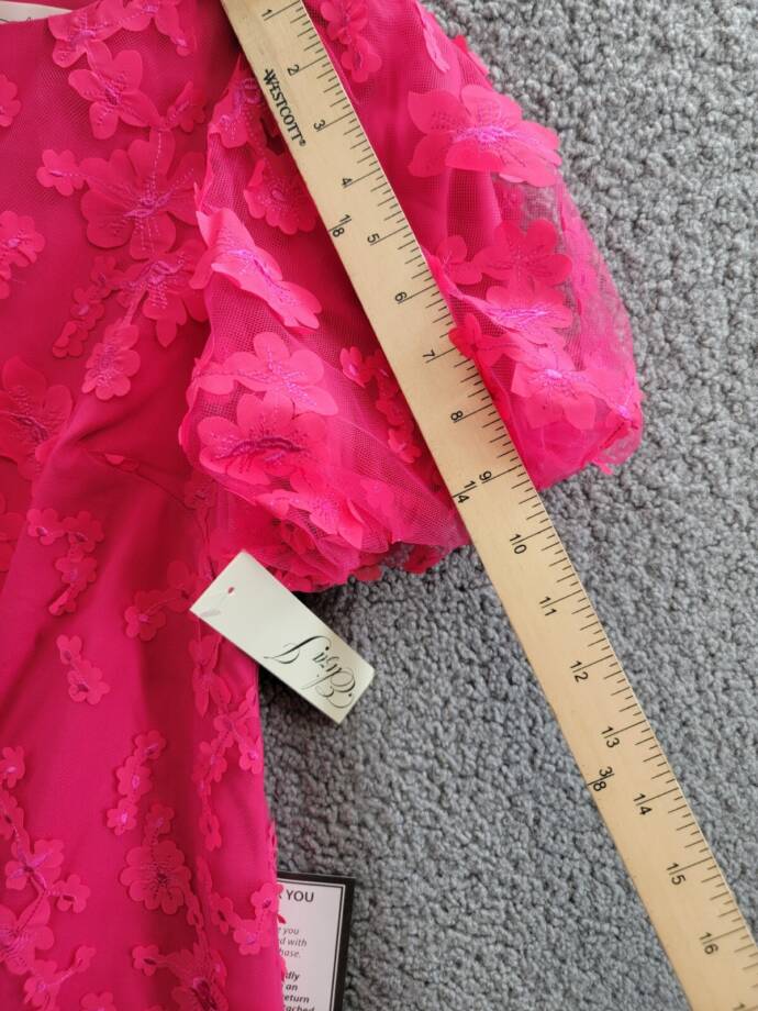 Eliza J Petite Puffed-Sleeve 3D-Floral Shift Dress Women's 4P Hot Pink Back Zip