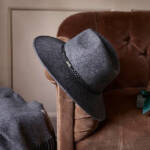 Barbour Tack Fedora Hat Women's S Charcoal Gray Contrast Leather Rope Band