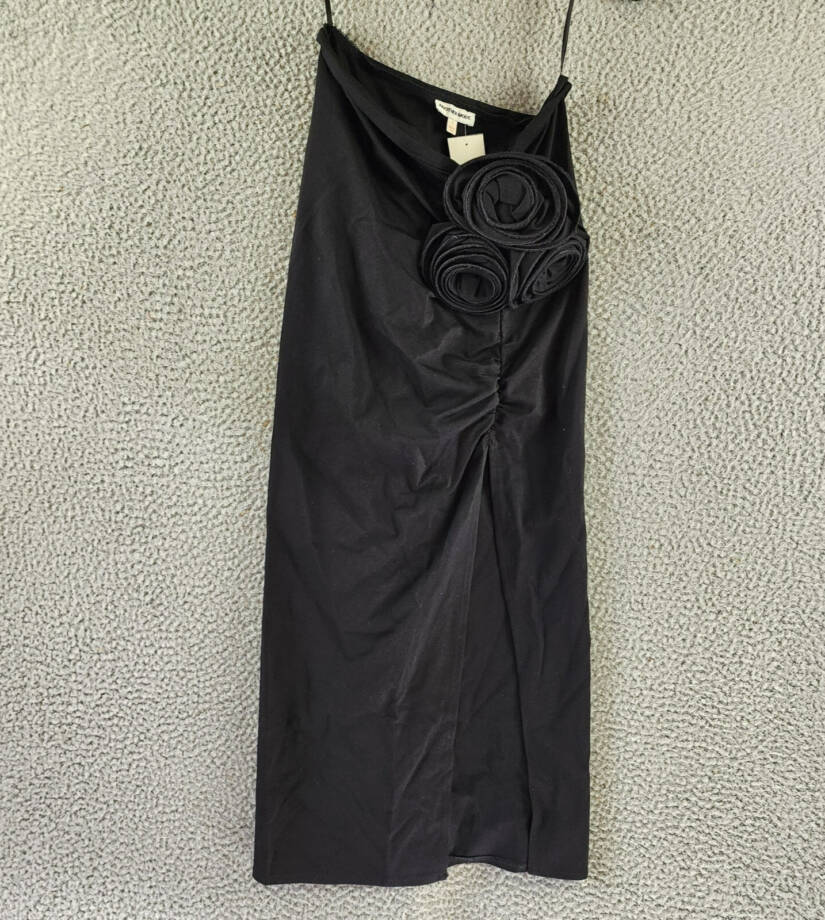 Another Mode Side Slit Rose Applique Skirt Women's S Black Ruched Elastic Waist