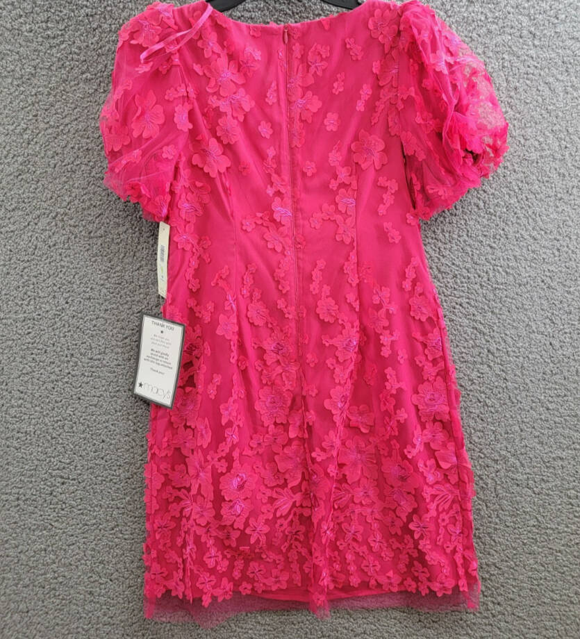 Eliza J Petite Puffed-Sleeve 3D-Floral Shift Dress Women's 4P Hot Pink Back Zip