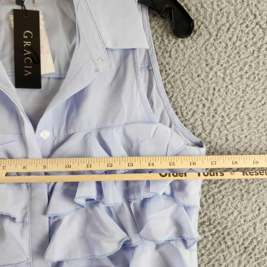 Gracia Sleeveless Ruffle Front Top Women's S Light Blue Collared Button Closure