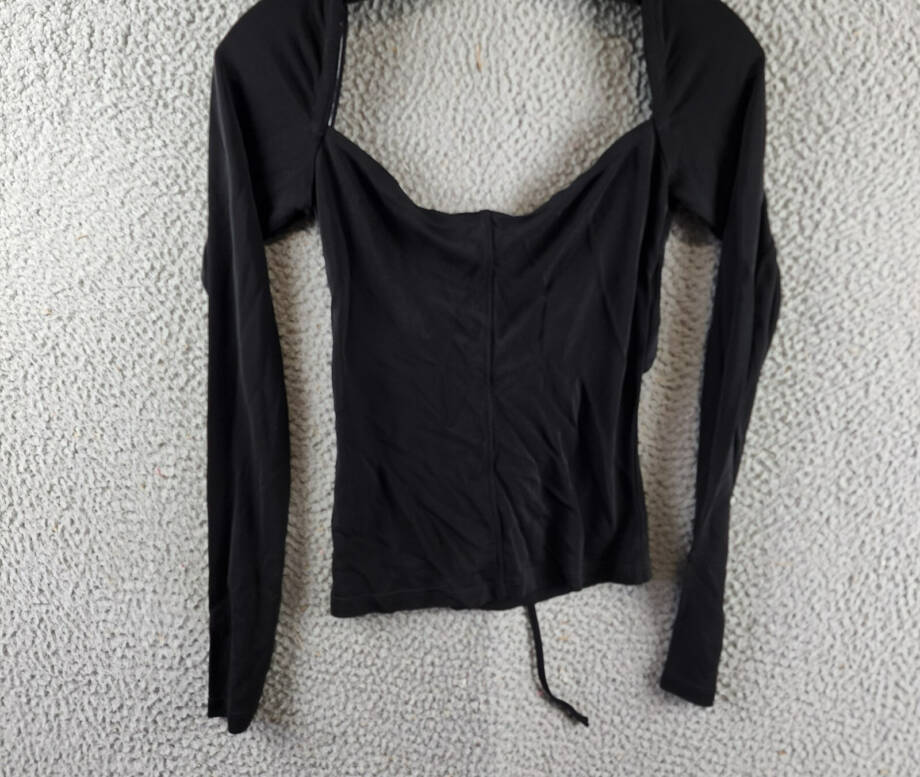 Frame Strappy Knit Top Women's XS Black Scoop Neck Nape Self-Tie Pullover L/S