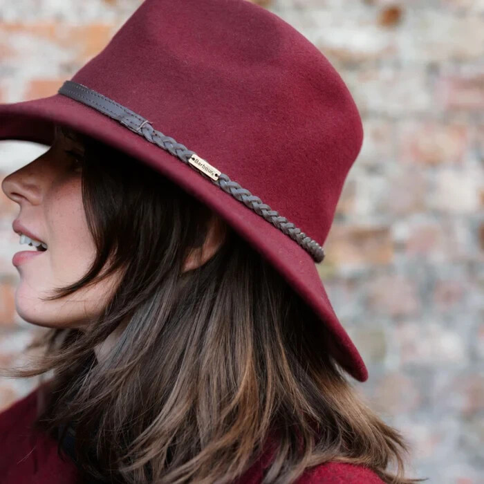 Barbour Wool Tack Fedora Hat Women's S Cabernet Contrast Leather Rope Band~