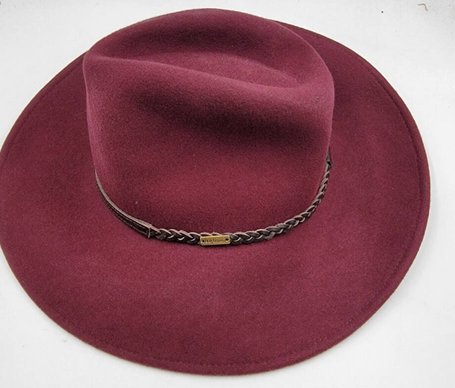 Barbour Wool Tack Fedora Hat Women's S Cabernet Contrast Leather Rope Band~