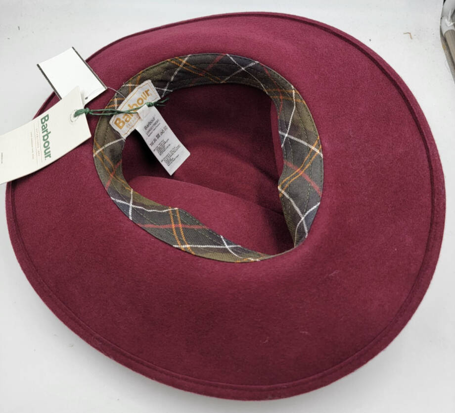 Barbour Wool Tack Fedora Hat Women's S Cabernet Contrast Leather Rope Band~