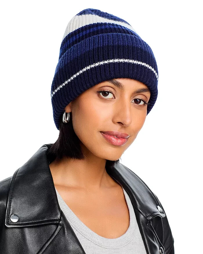rag & bone Wool Blend Blake Stripe Beanie Womens One Size Blue Multi Folded Edge