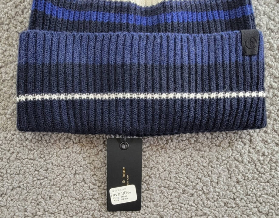 rag & bone Wool Blend Blake Stripe Beanie Womens One Size Blue Multi Folded Edge