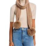 Adrienne Landau Wool The Lyla Scarf Women's One Size Camel Pom-Poms At Ends~