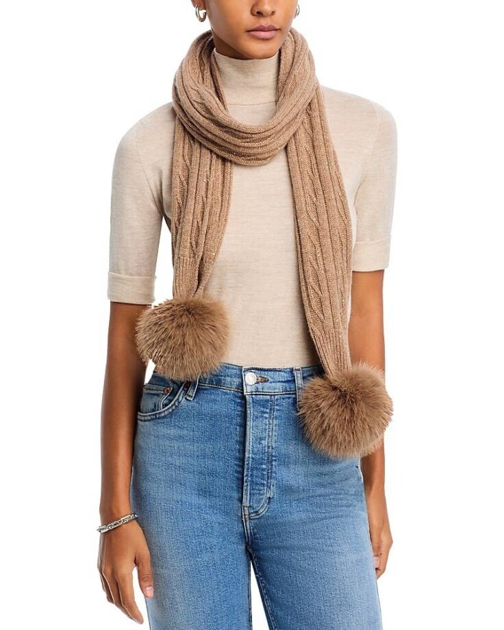 Adrienne Landau Wool The Lyla Scarf Women's One Size Camel Pom-Poms At Ends~