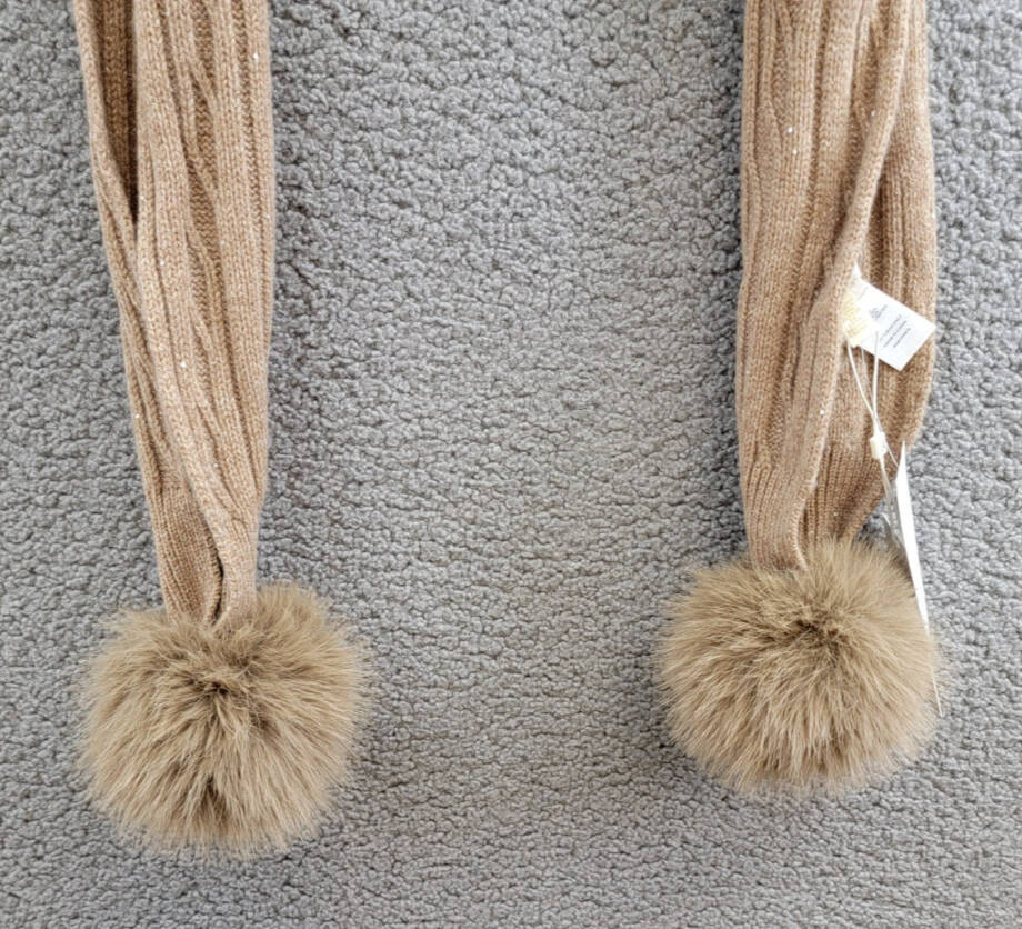 Adrienne Landau Wool The Lyla Scarf Women's One Size Camel Pom-Poms At Ends~