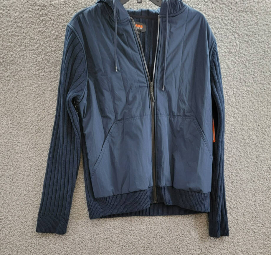 BASS OUTDOOR Mixed Media Zip-Front Hooded Sweater Jacket Men's M Navy Blaze L/S