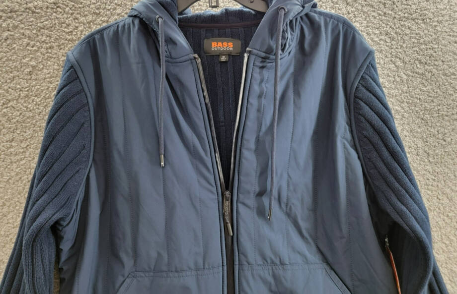 BASS OUTDOOR Mixed Media Zip-Front Hooded Sweater Jacket Men's M Navy Blaze L/S