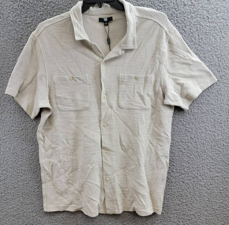 FRYE Textured Knit Button Up Shirt Men's L Rainy Day Patch Pockets Short Sleeve